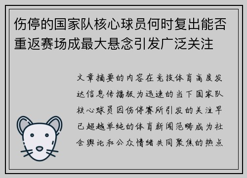 伤停的国家队核心球员何时复出能否重返赛场成最大悬念引发广泛关注