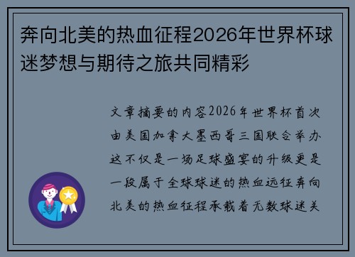 奔向北美的热血征程2026年世界杯球迷梦想与期待之旅共同精彩