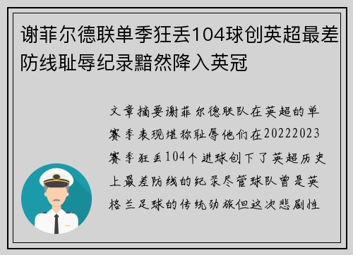 谢菲尔德联单季狂丢104球创英超最差防线耻辱纪录黯然降入英冠 谢菲尔德联单季狂丢104球创英超最差防线耻辱纪录黯然降入英冠